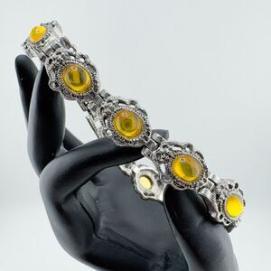 Vintage Ornate Yellow Cabochon Link Bracelet Antiqued Silver Tone Victorian Retr